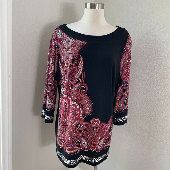JM Collection Woman Plus 1X Black Pink Paisley Print 3/4 Sleeve Tunic Top Shirt - Picture 1 of 11
